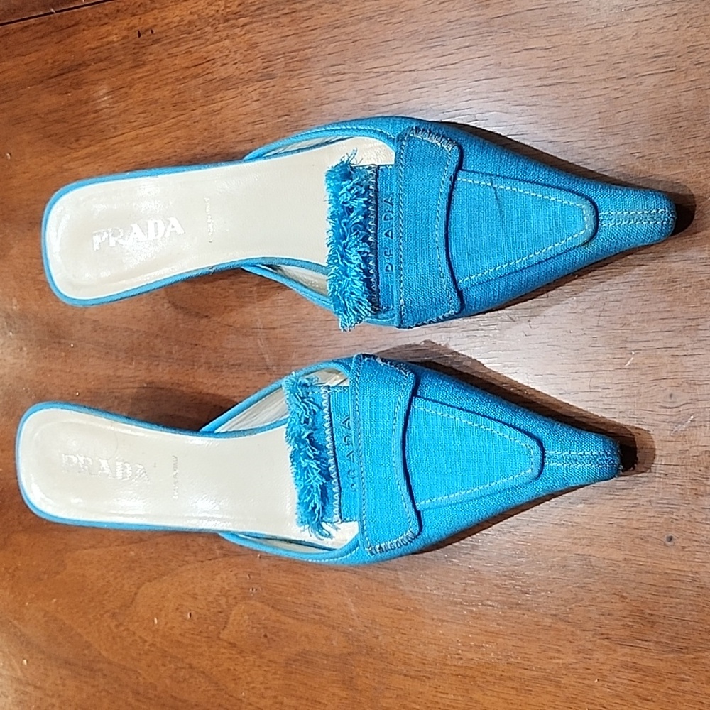 Vintage Prada turquoise toile mules, 5 1/2